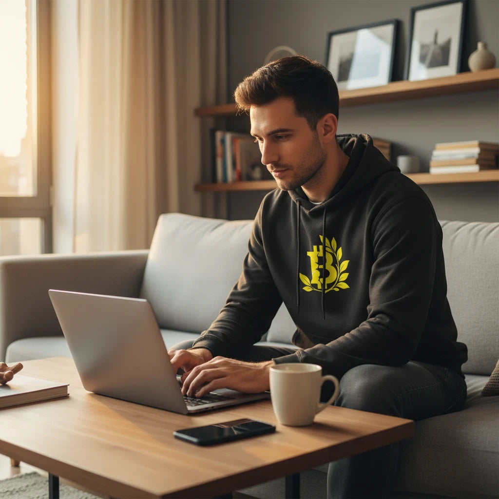 Man wearing a Huddle Bench Pros™ black cotton hoodie with a yellow Bitcoin laurel graphic while working on a laptop.