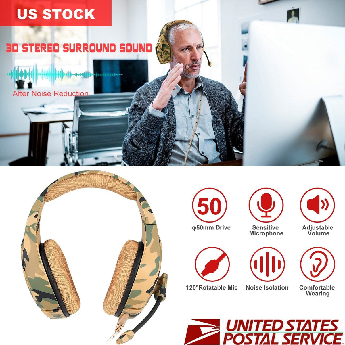 Gaming Headsets Noise Isolation Volume Adjustment Stereo Earmuffs w/ (product 10477775323419 image 43998711906587)