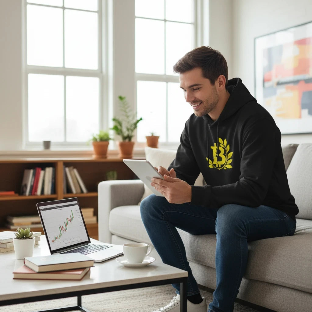 Man wearing a Huddle Bench Pros™ black Bitcoin graphic hoodie while using a tablet in a bright, modern living room.
