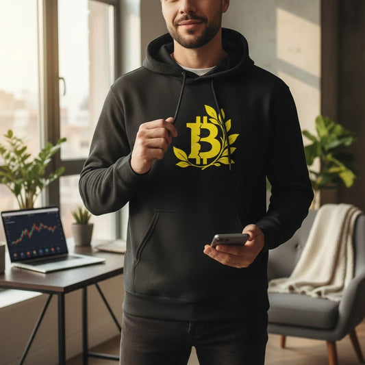 Huddle Bench Pros™ black cotton-blend pullover hoodie with a yellow Bitcoin symbol graphic and laurel leaves.