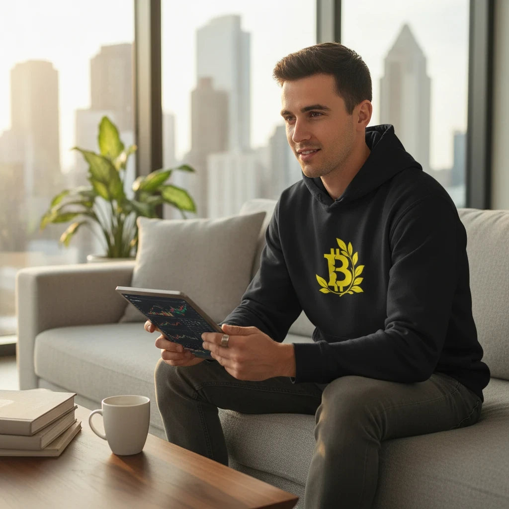 Huddle Bench Pros™ black cotton-blend hoodie with a yellow Bitcoin laurel graphic worn by a man on a sofa