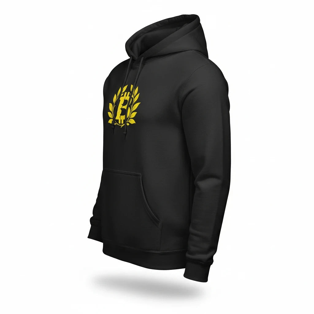 Huddle Bench Pros™ black cotton-blend hoodie featuring a yellow Bitcoin symbol graphic with laurel leaves
