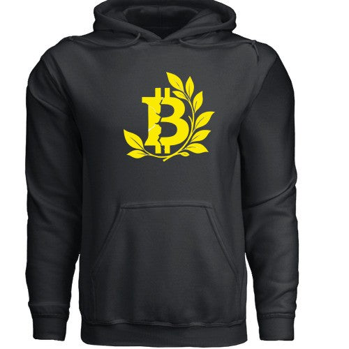 Huddle Bench Pros™ black cotton-blend hoodie featuring a yellow Bitcoin symbol graphic with laurel leaves