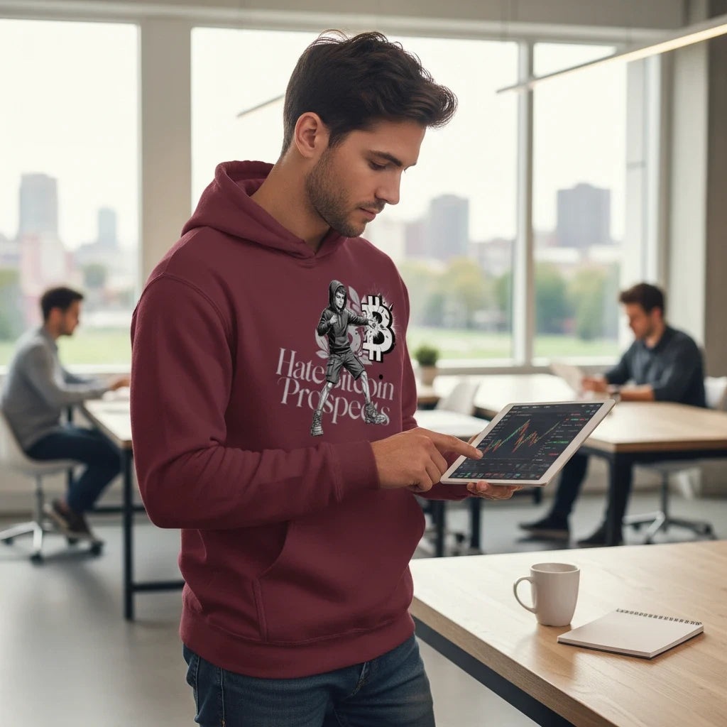 Huddle Bench Pros™ deep burgundy graphic print pullover hoodie worn by a man using a tablet in a modern office.
