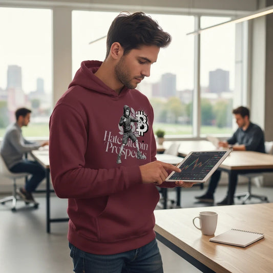 Huddle Bench Pros™ deep burgundy graphic print pullover hoodie worn by a man using a tablet in a modern office.