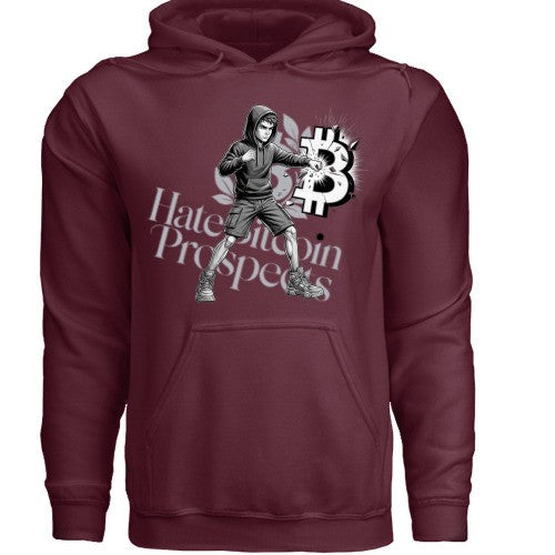 Huddle Bench Pros™ deep burgundy pullover hoodie featuring a graphic print of a hooded figure and bitcoin symbol.