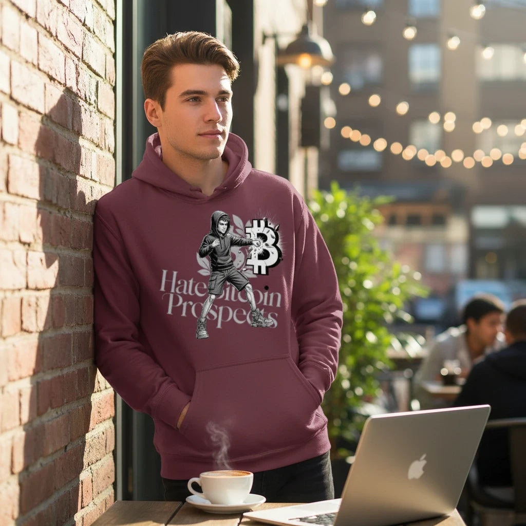 A man wearing a deep burgundy Huddle Bench Pros™ graphic hoodie with a bitcoin-themed print, leaning against a wall.