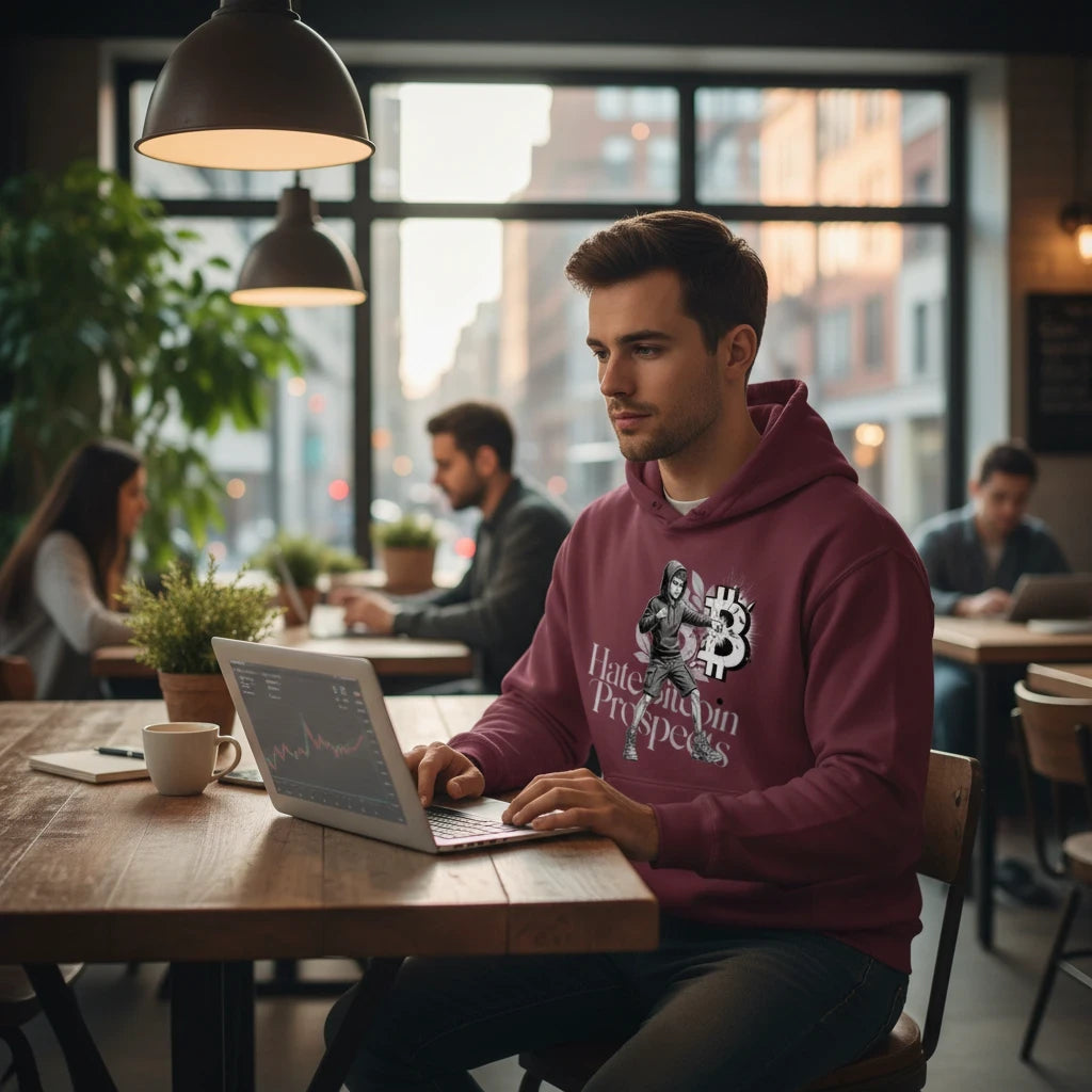 Huddle Bench Pros™ deep burgundy graphic hoodie worn by a man working on a laptop in a cozy cafe setting.