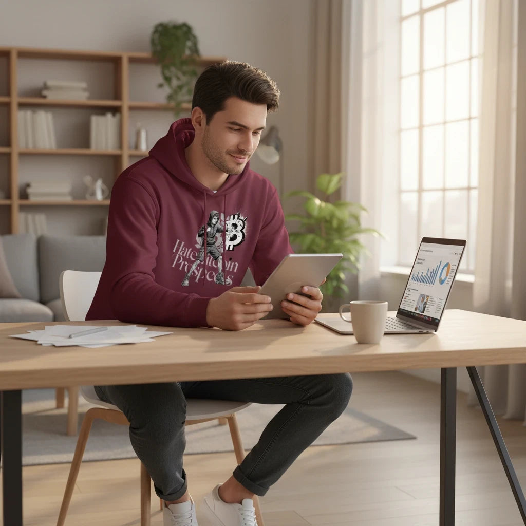 Man wearing a Huddle Bench Pros™ burgundy graphic hoodie while working on a tablet at a desk in a bright home office.