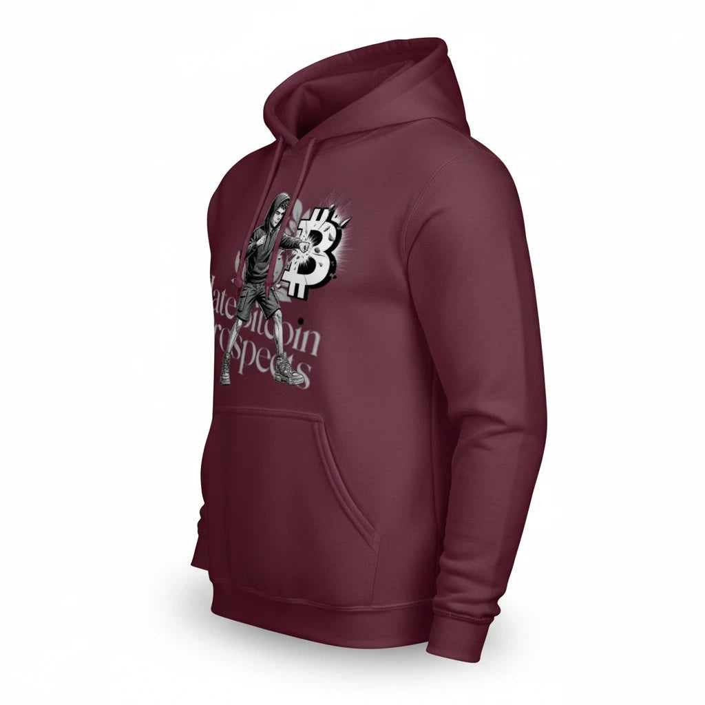 Huddle Bench Pros™ deep burgundy cotton blend pullover hoodie with a graphic print of a bitcoin character