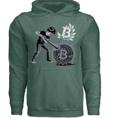 Huddle Bench Pros™ forest green cotton-blend hoodie featuring a graphic print of a boy hitting a bitcoin coin.