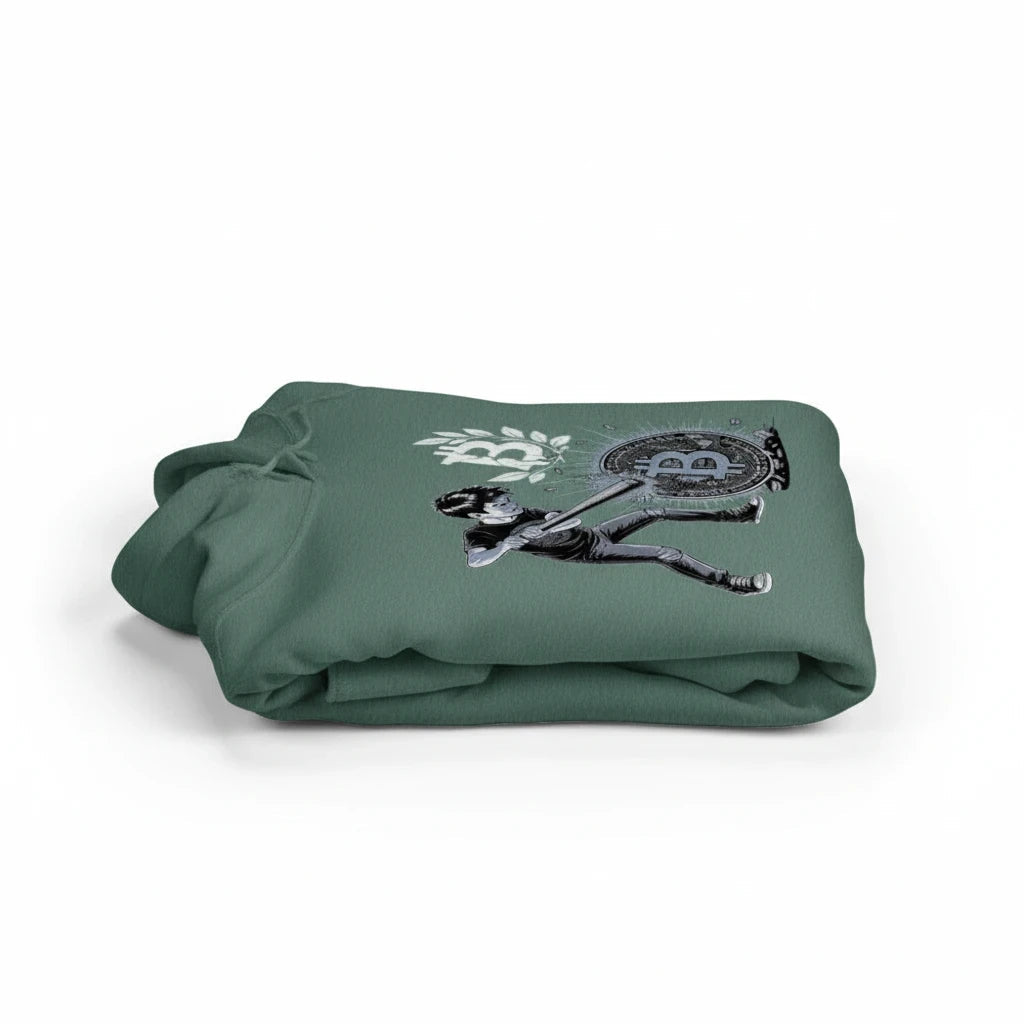 Huddle Bench Pros™ forest green cotton-blend pullover hoodie featuring a detailed graphic print of a person and bitcoin