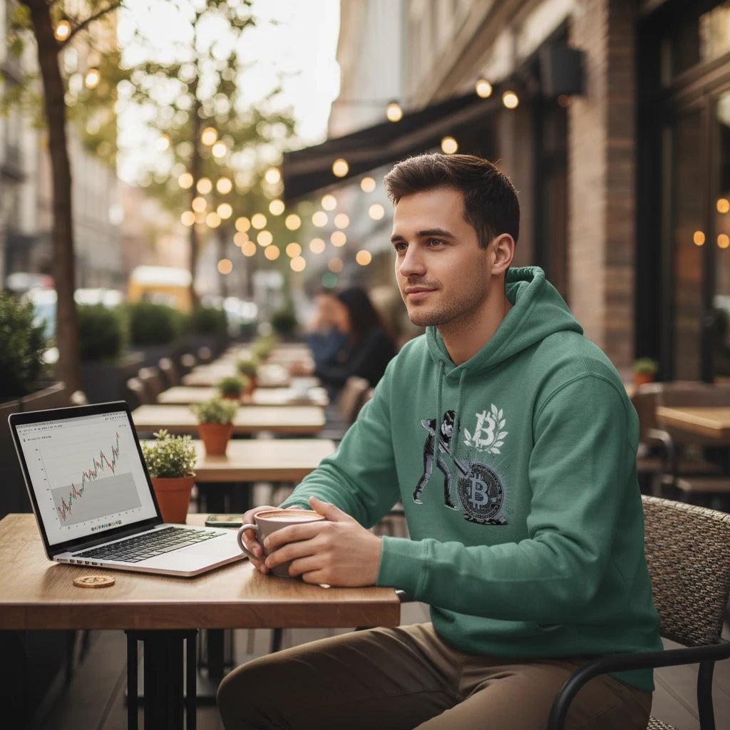 Huddle Bench Pros™ forest green graphic hoodie with Bitcoin print worn by a man sitting at an outdoor cafe table