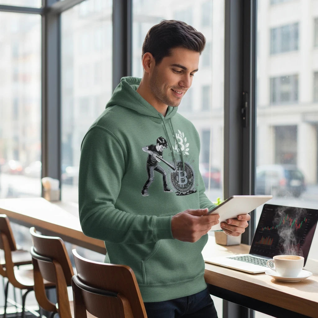 Huddle Bench Pros™ forest green cotton-blend hoodie with a graphic print, worn by a man using a tablet in a cafe.