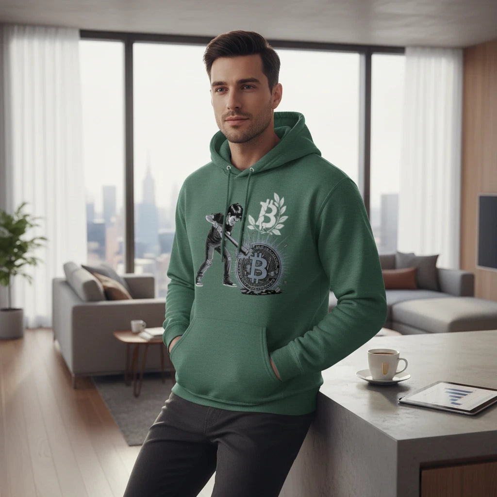 A man wearing a forest green Huddle Bench Pros™ graphic hoodie with a bitcoin print, standing in a modern apartment.