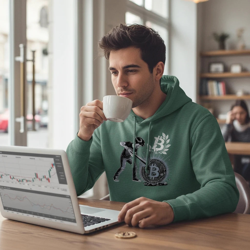 Man wearing a forest green Huddle Bench Pros™ graphic hoodie with a bitcoin print while drinking coffee at a laptop.