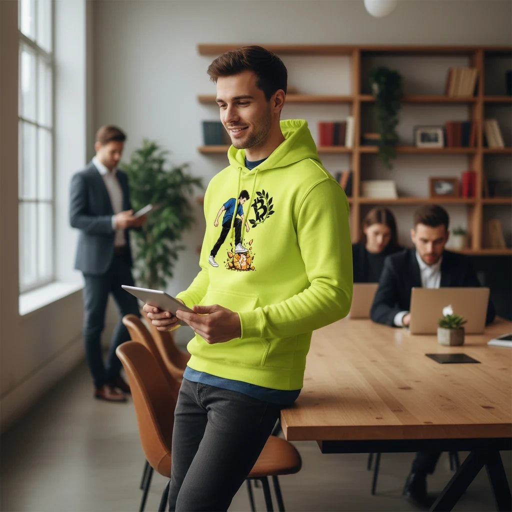 Huddle Bench Pros™ neon yellow graphic hoodie with Bitcoin design worn by a man in a modern office setting