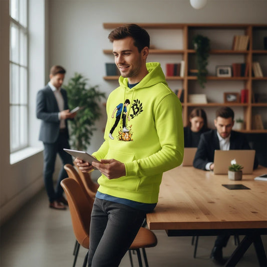 Huddle Bench Pros™ neon yellow graphic hoodie with Bitcoin design worn by a man in a modern office setting