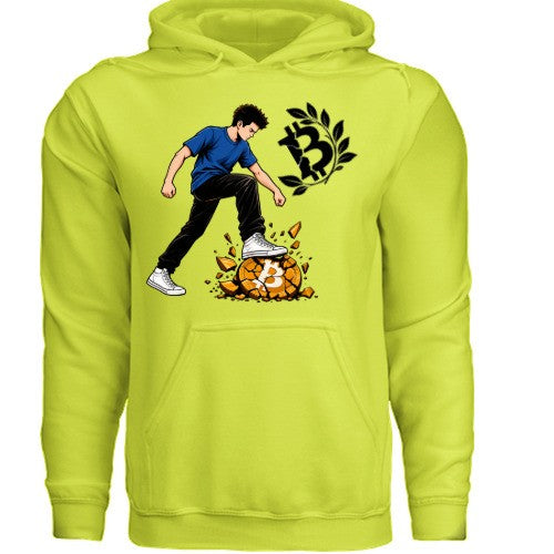 Huddle Bench Pros™ neon yellow cotton blend hoodie featuring a graphic print of a person stepping on a bitcoin