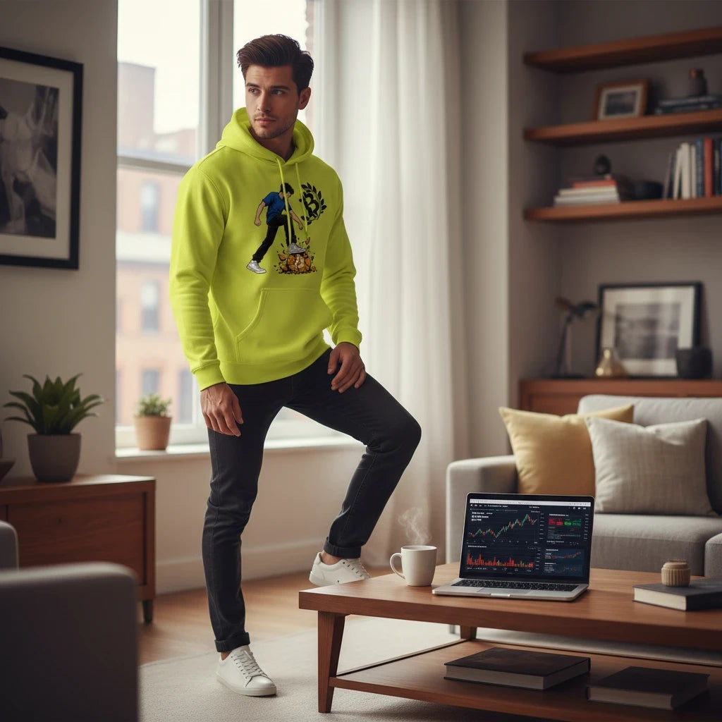 Huddle Bench Pros™ neon yellow graphic hoodie with kangaroo pocket worn by a man in a modern living room