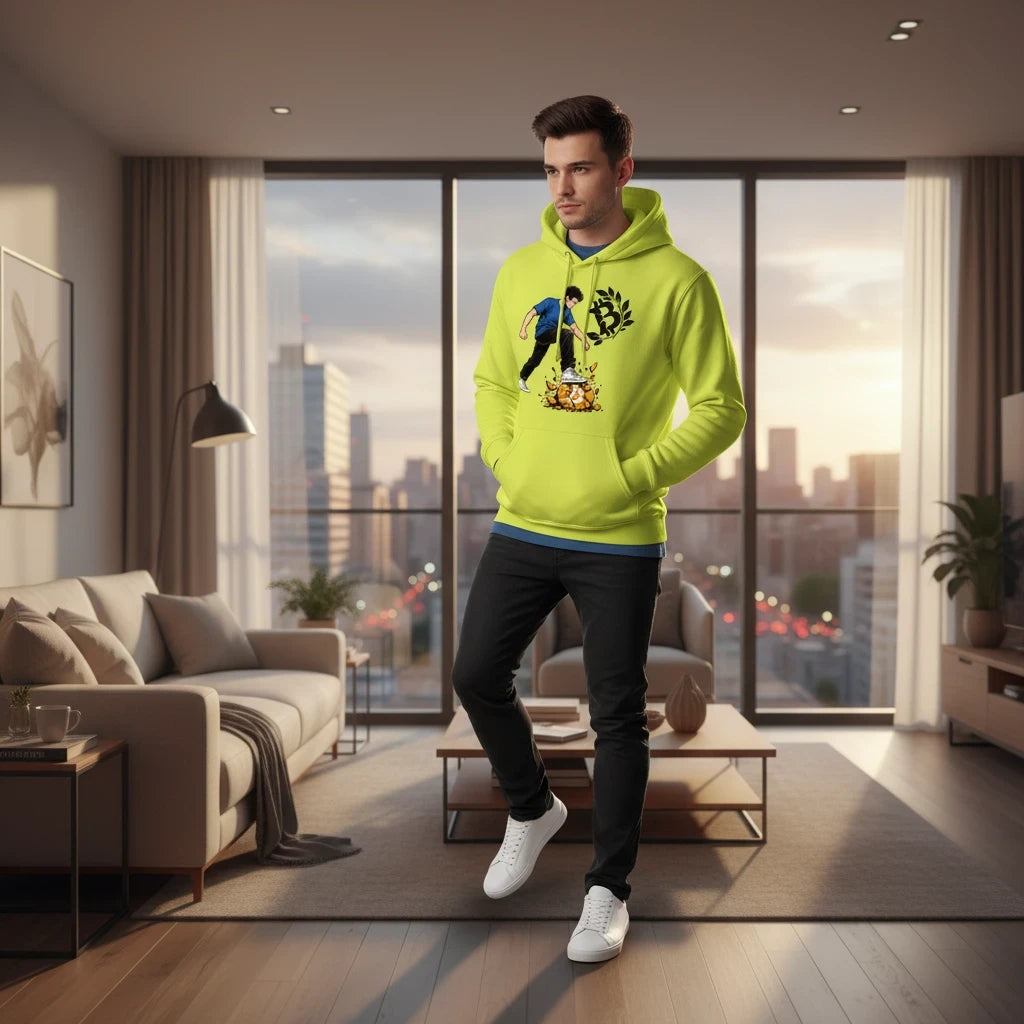 Huddle Bench Pros™ neon yellow graphic hoodie worn by a man in a modern apartment with city skyline view