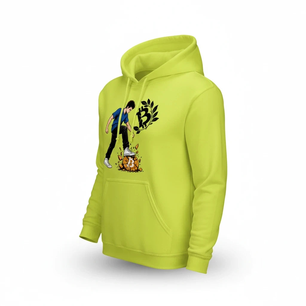 Huddle Bench Pros™ neon yellow cotton blend hoodie with a graphic print of a person stepping on a bitcoin symbol