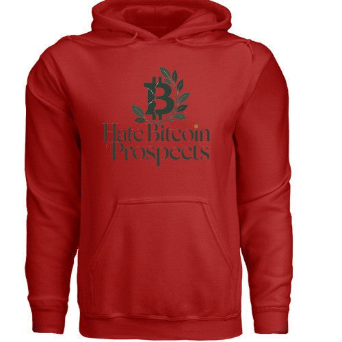 Huddle Bench Pros™ red pullover hoodie with Hate Bitcoin Prospects graphic print and kangaroo pocket