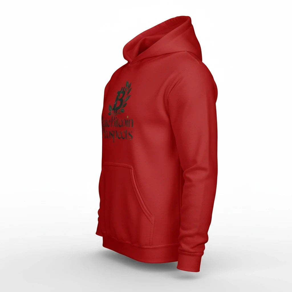 Huddle Bench Pros™ red pullover hoodie with Hate Bitcoin Prospects graphic print and kangaroo pocket, side view