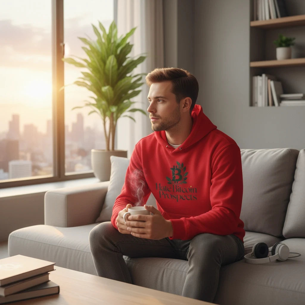 Man wearing a Huddle Bench Pros™ red graphic pullover hoodie with botanical print while sitting on a sofa.