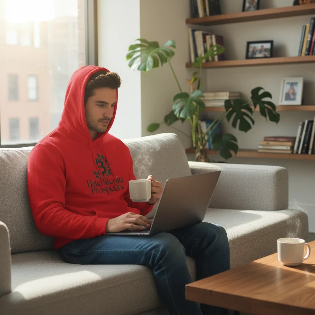 Huddle Bench Pros™ red pullover hoodie with graphic print worn by a man using a laptop on a sofa.