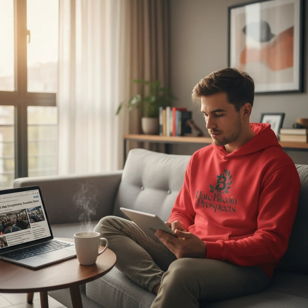A man wearing a Huddle Bench Pros™ red pullover hoodie with a botanical graphic print while sitting on a sofa.