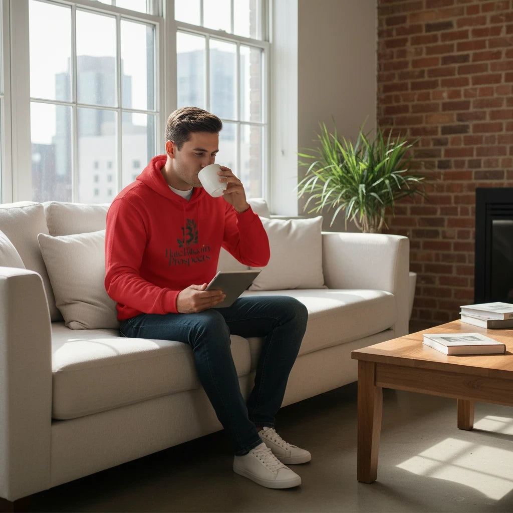Man wearing a Huddle Bench Pros™ red graphic pullover hoodie while sitting on a sofa drinking coffee