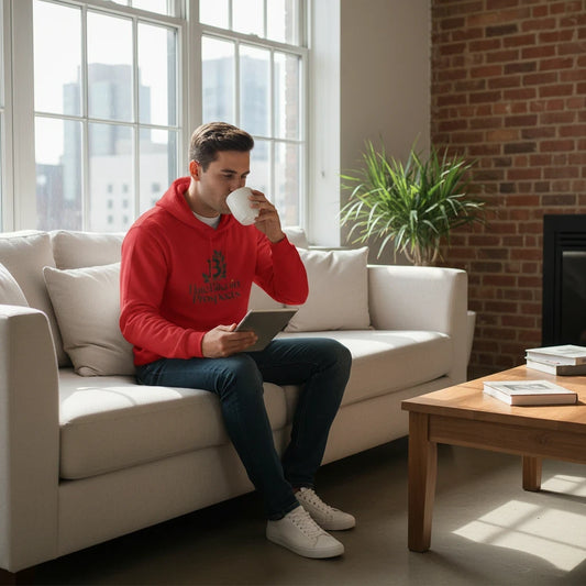 Man wearing a Huddle Bench Pros™ red graphic pullover hoodie while sitting on a sofa drinking coffee