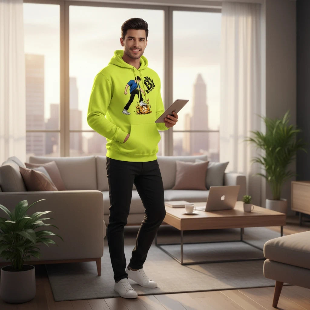 A man wearing a Huddle Bench Pros™ safety green graphic hoodie with a kangaroo pocket, standing in a modern living room.
