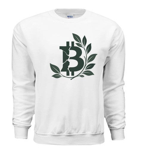 Huddle Bench Pros™ white crewneck sweatshirt with a forest green Bitcoin and olive branch graphic print on the chest.
