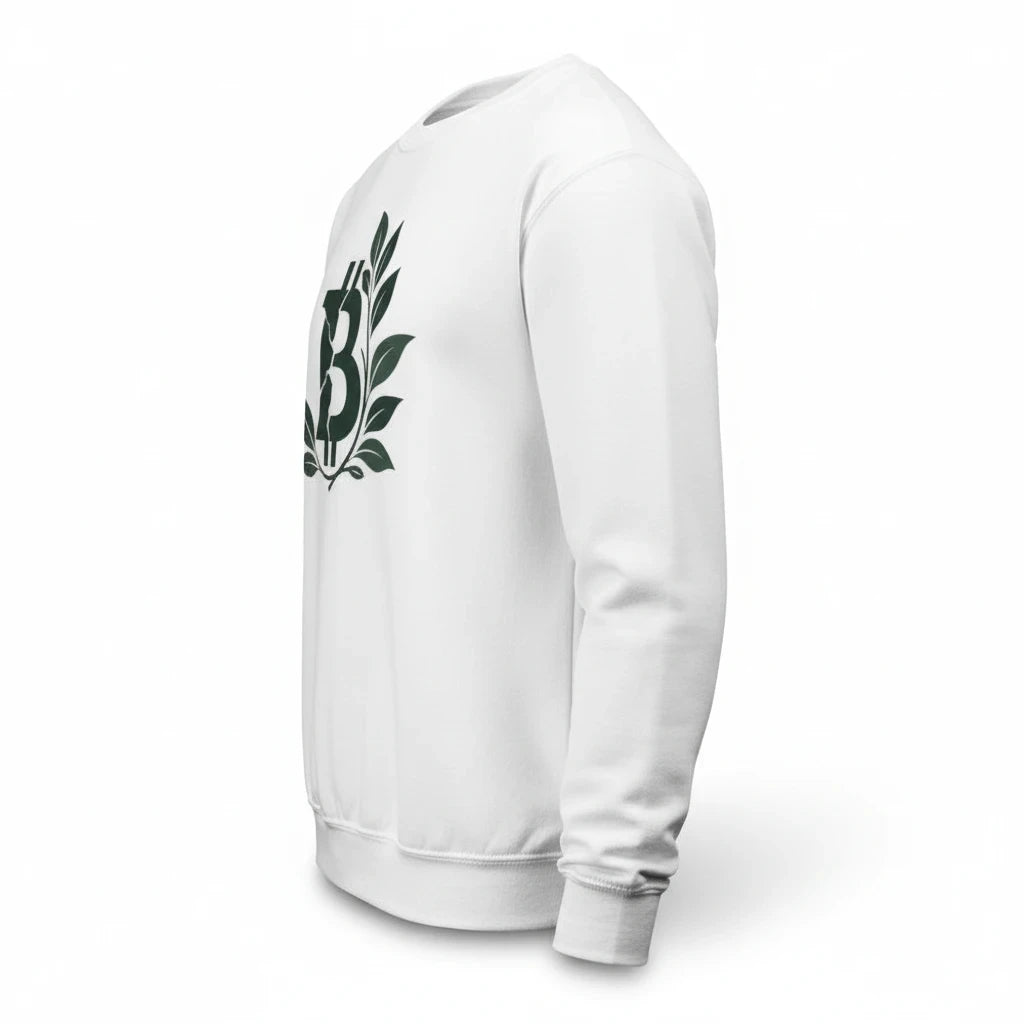 Huddle Bench Pros™ white crewneck sweatshirt featuring a forest green Bitcoin and olive branch graphic side view