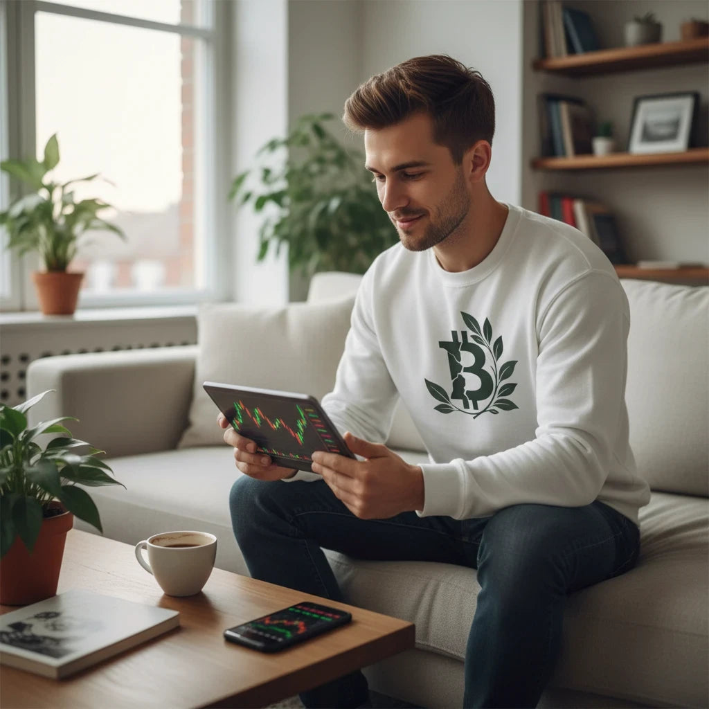 Huddle Bench Pros™ white crewneck sweatshirt with a forest green Bitcoin and olive branch graphic on a man on a sofa.