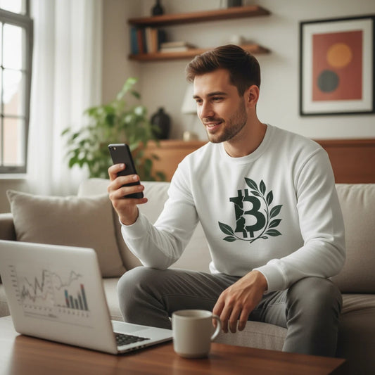 Huddle Bench Pros™ white crewneck sweatshirt with a forest green Bitcoin and olive branch graphic worn by a man