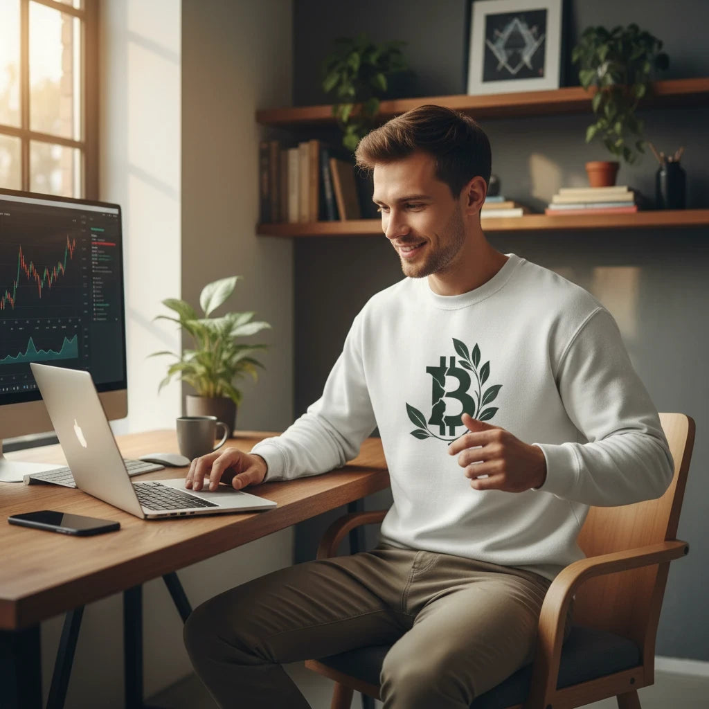 Huddle Bench Pros™ white crewneck sweatshirt with a forest green Bitcoin and olive branch graphic on a man at a desk.