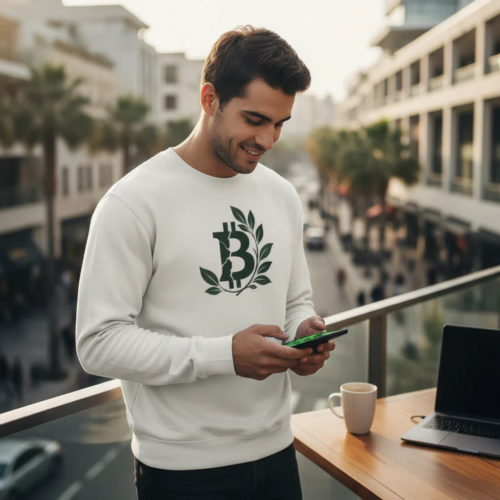 Huddle Bench Pros™ white crewneck sweatshirt with forest green Bitcoin and olive branch graphic on a man outdoors