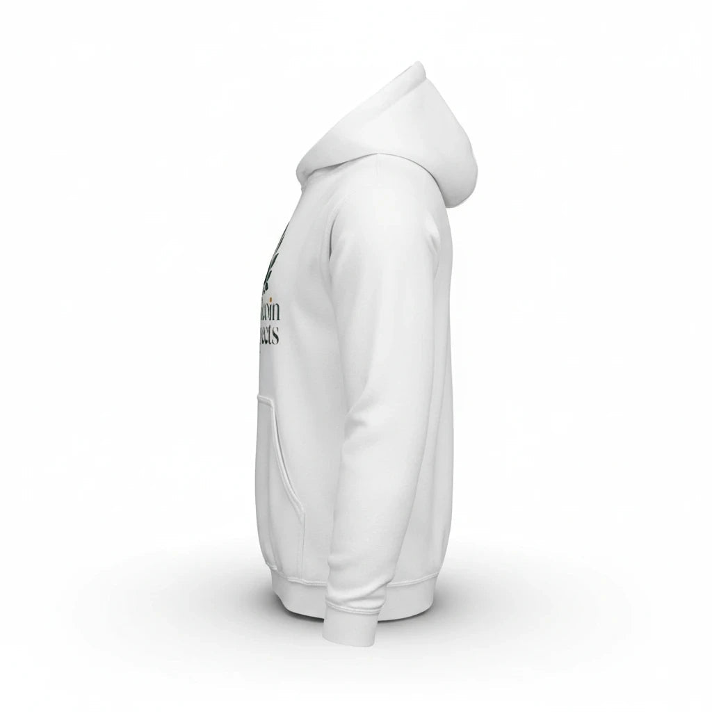 Side view of a white Huddle Bench Pros™ cotton-blend pullover hoodie with a minimalist chest graphic print.