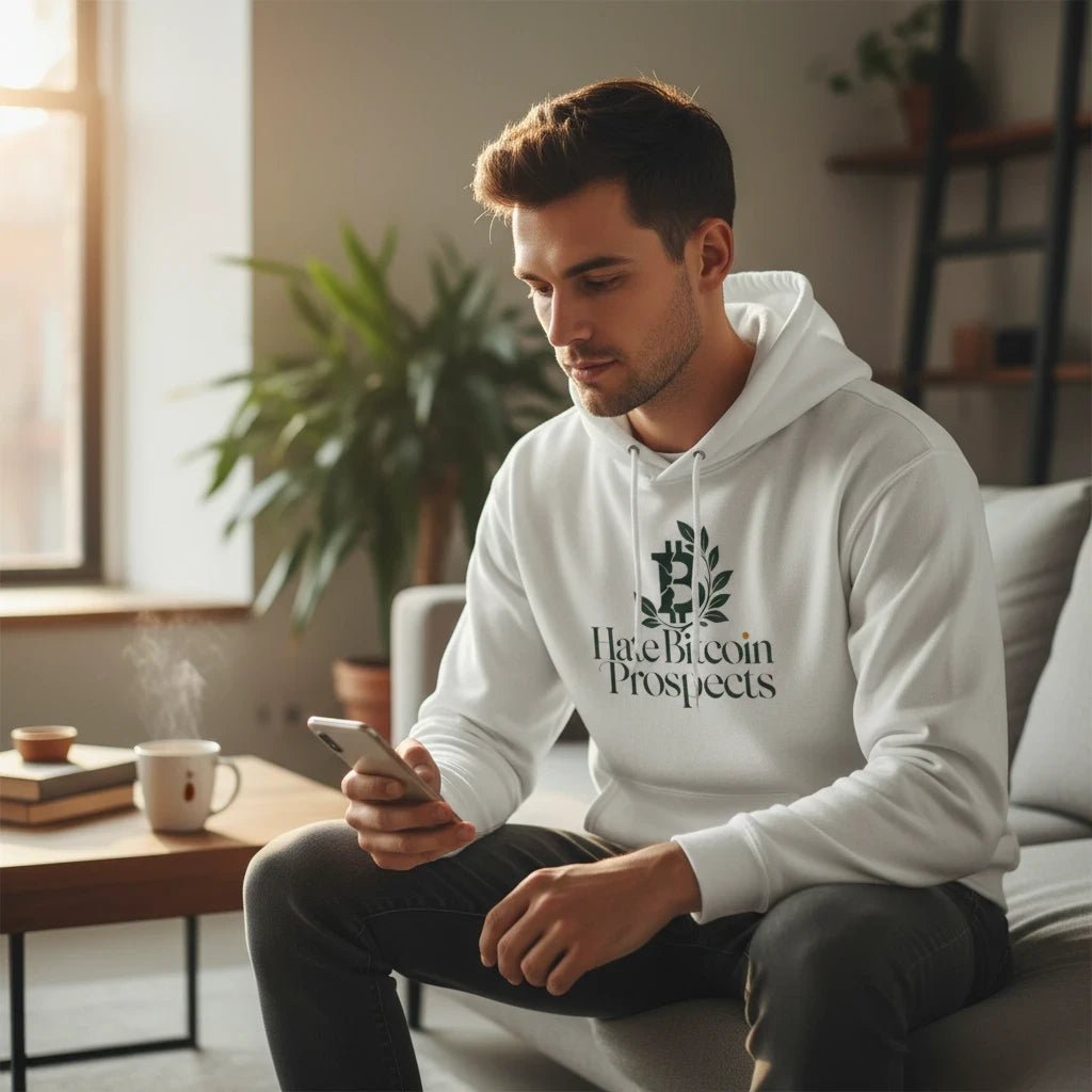 A man wearing a Huddle Bench Pros™ white cotton-blend pullover hoodie with a graphic print while sitting on a sofa.