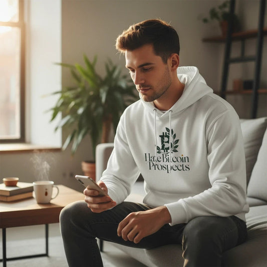A man wearing a Huddle Bench Pros™ white cotton-blend pullover hoodie with a graphic print while sitting on a sofa.