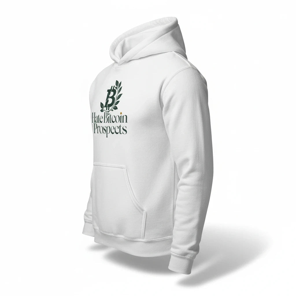 Huddle Bench Pros™ white cotton-blend pullover hoodie featuring a minimalist Hate Bitcoin Prospects chest graphic