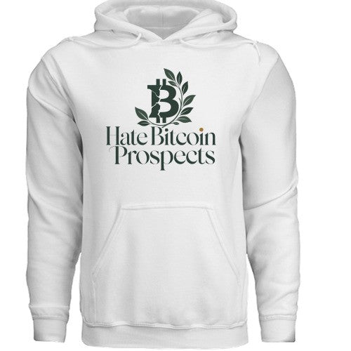 Huddle Bench Pros™ white cotton-blend pullover hoodie featuring a Hate Bitcoin Prospects graphic on the chest.
