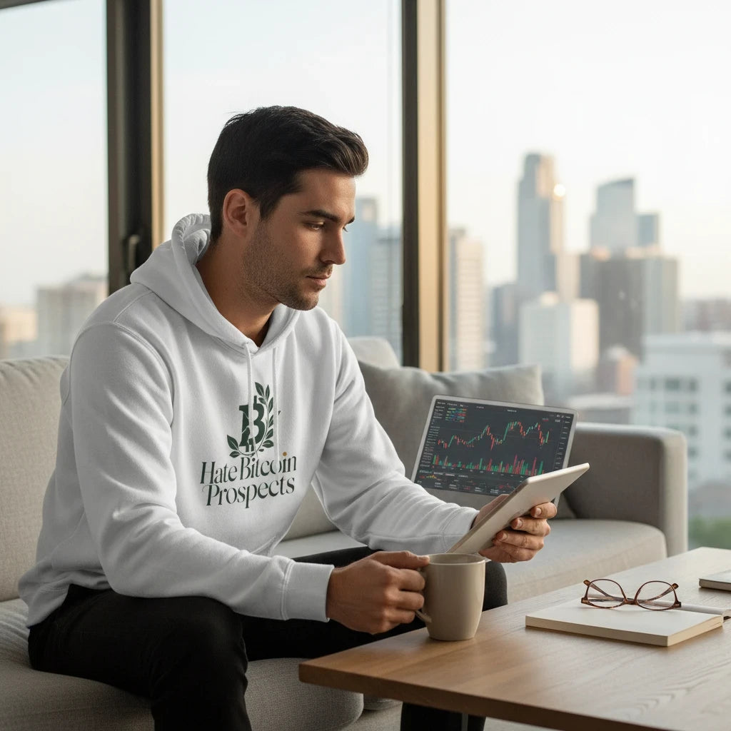 Huddle Bench Pros™ white pullover hoodie with green graphic print worn by a man sitting on a sofa with a laptop.