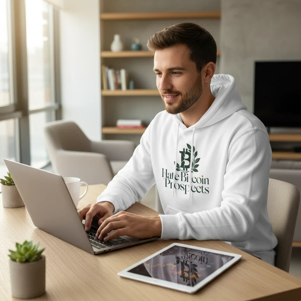 Man wearing a Huddle Bench Pros™ white pullover hoodie with a green Hate Bitcoin Prospects graphic while using a laptop